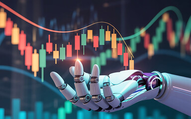 Robotic hand holding financial chart with stock market data on transparent background