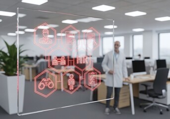 A modern office with HR icons, showing the future of human resource management.