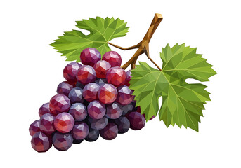 A polygon illustration of a bunch of red grapes with a leaf, featuring a dark background.