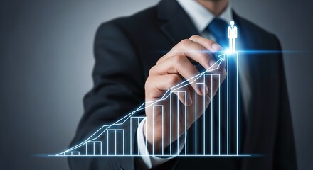 Businessman drawing a growing graph with a person on top, representing career success.

