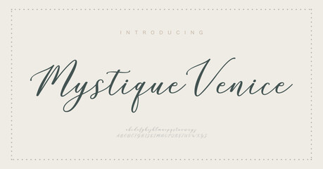 Mystique Venice Hand drawn vector alphabet. Modern monoline signature script font. Elegant Signature Font. Best Alphabet Beautiful Calligraphy Signature Font lettering handwritten
