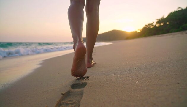 Close-up of bare feet walking on tropical sandy beach at golden sunset, leaving clear footprints by the ocean waves.