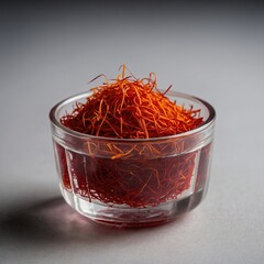 Studio macro photo of saffron threads in a glass bowl, vivid colors ideal for premium culinary and gourmet food concepts.