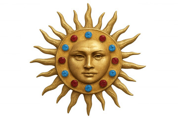 Gleaming golden sun face pendant featuring vibrant red and blue gemstone accents, floating against transparent backdrop