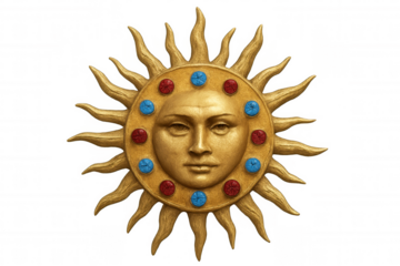 Gleaming golden sun face pendant featuring vibrant red and blue gemstone accents, floating against transparent backdrop