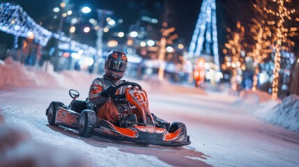 A driver steers a go-kart through a snowy track surrounded by bright festive lights. The scene captures the fun and thrill of racing during winter festivities at night.