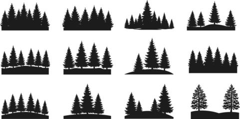 Fototapete Schwarz Set of pine tree silhouettes, forest vector icons, evergreen tree collection, nature landscape elements, pine tree shapes, woodland silhouettes, vector forest design  © Masum Creatives
