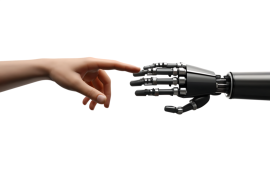 Human Finger Touching Robot Finger in Close-up hand isolated on a transparent background