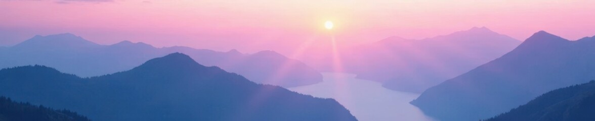 Dreamy washes of color depict misty, ethereal mountains , creative, graphic