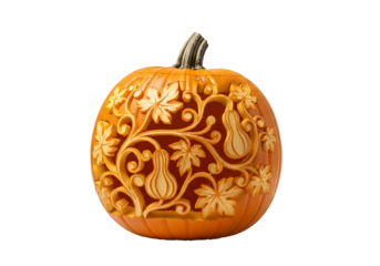 Intricate floral design adorns a meticulously carved pumpkin, showcasing intricate details and vibrant colors against a stark black backdrop.