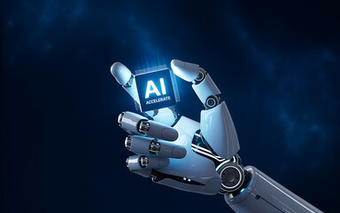 Robotic hand holding ai chip against a dark blue background on transparent background