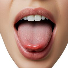 Obraz premium Extreme close-up of a human mouth with healthy lips slightly parted, a pink, moist tongue extended playfully and curled, isolated on a soft transparent background. Playful gesture concept