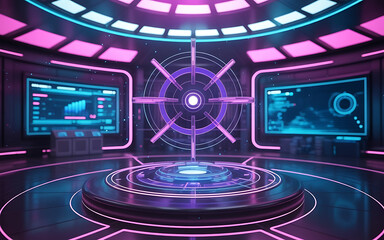 A futuristic control room with neon lights and monitors on transparent background