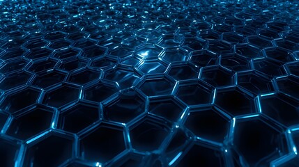 Honeycomb Pattern with Glowing Neon Blue Lines – Gradual Bright-Dim Gradient, Metallic Texture, Velvety Black Surface, Soft Blue Reflections, Delicate Luminous Design
