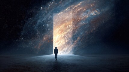 Fototapeta premium A figure walks towards a luminous doorway that opens into a vibrant cosmic scene filled with swirling galaxies and bright stars. The atmosphere is serene and mysterious, invoking wonder.