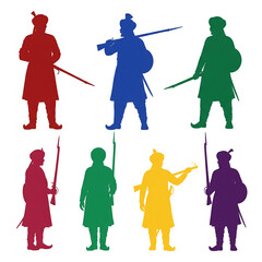 Obraz premium Collection of Rajput soliders silhouette people silhouettes set different colour white background