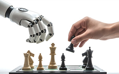 A robot hand and human hand playing chess on a chessboard on transparent background