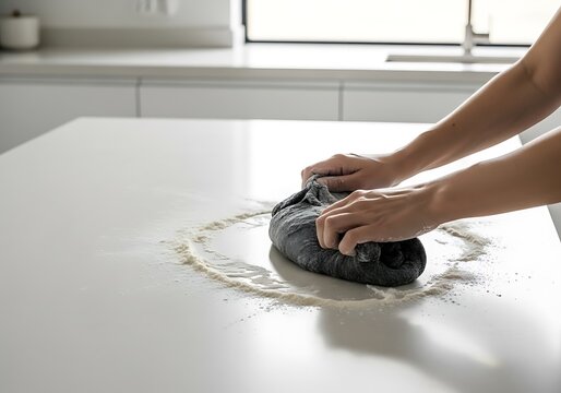 Halloween Food Styling Photography Hands Kneading Dark Dough on Floured Surface in Modern Kitchen