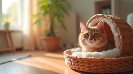 Naklejka premium Young ginger cat sleeps in wicker basket with white cushion on wood floor near plant and sun lit window. Ideal for pet brands and home style blogs.