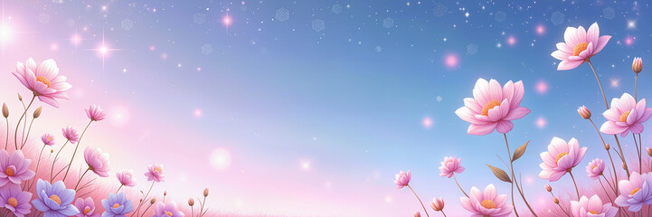 A serene scene of pink and purple flowers against a starry, gradient sky. Ideal for a birthday celebration.