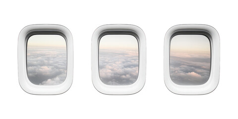 Airplane windows with clouds view on transparent png background