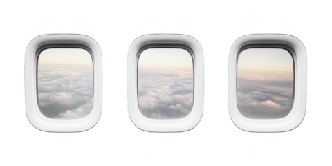 Airplane windows with clouds view on transparent png background
