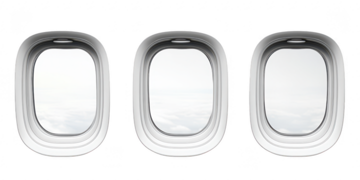 Three airplane windows view on transparent png background