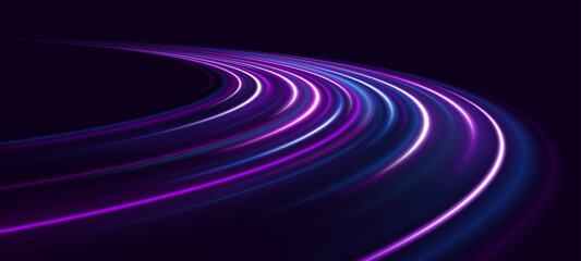 Highway at night stretches into the city with racing cars speeding along the track. Blur and light trails create a sense of motion, power, and extreme speed across the asphalt.