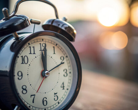 Classic black alarm clock with white face showing time close to twelve, sunlight in background, concept of urgency, deadline, and time running out, vintage style, morning mood