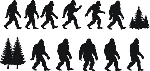 Bigfoot walking silhouette vector set, different Sasquatch poses with pine trees, cryptid illustration for forest creature design, wilderness mystery concept