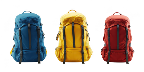 Three colorful backpacks isolated on transparent png background