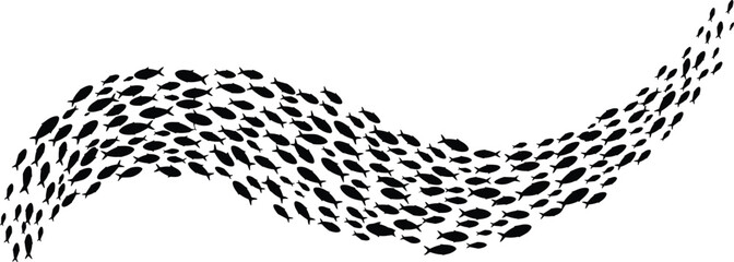 Black silhouette school of fish vector, underwater wave formation design, marine animal group swimming illustration, abstract sea life pattern for ocean concept