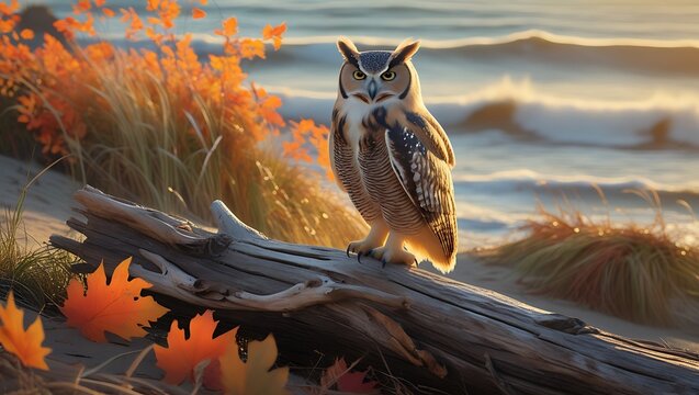 Majestic owl perched on driftwood beach setting with autumnal foliage and ocean backdrop - Powered by Adobe