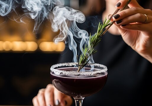 Halloween Food Styling Photography Mysterious Smoked Rosemary Cocktail, Halloween Drink Recipe, Dark Purple, Garnished with Rosemary Sprig