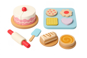 3d illustration of wooden toys including cake, cookies, rolling pin and spatula on transparent background