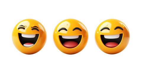 Fototapeta premium Three smiling yellow emojis render on transparent png background