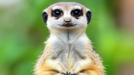 Fototapeta premium Close-up of a curious meerkat standing upright in a lush green environment