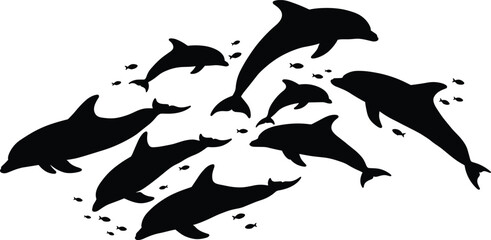 Dolphin silhouettes swimming with fish, underwater marine life vector, ocean animal group illustration, sea wildlife design on white background for aquatic themes.