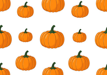 A repeating pattern of stylized pumpkins against a black background displays vibrant orange gourds with simple outlines.