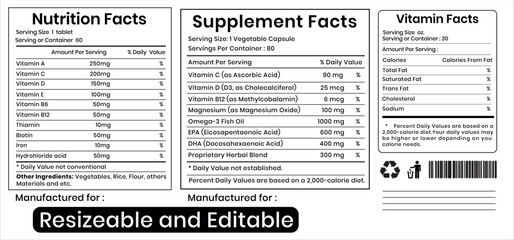 Fototapeta premium Editable Vitamin and Suplement Fact Templete, Editable Nutrition Facts Templete. US FDA Standard. Food packaging