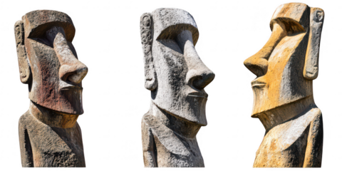 Three moai statues facing left on transparent png background