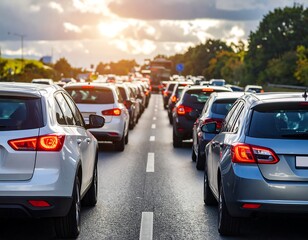 Highway traffic jam at sunset