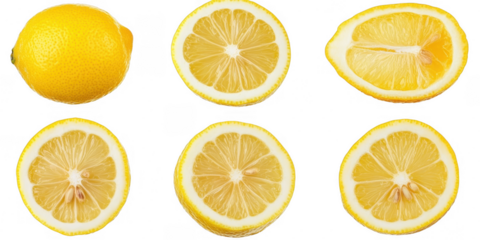 Several lemons and lemon slices on transparent png background