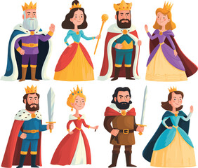 Cartoon Medieval Royal Family with Kings, Queens, Princes, and Princesses in Colorful Regal Costumes Holding Swords and Scepters Vector