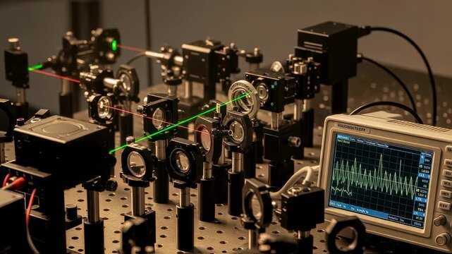 Scientific setup illustrating full optical path alignment including mirrors and detectors within interferometer metrology suite.