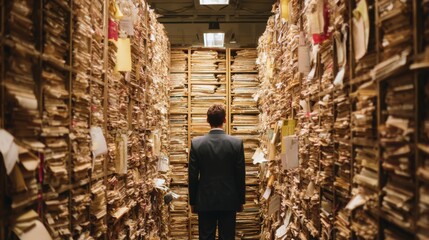 A man in a suit explores a narrow aisle between towering stacks of paperwork in a bustling archive. The scene captures the overwhelming amount of files in a dimly lit urban facility.