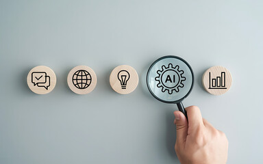 Magnifying glass focusing on ai icon among other icons on transparent background