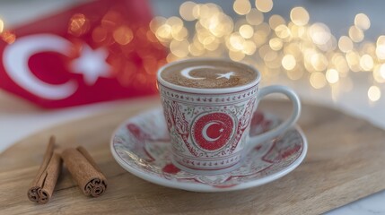 Steaming cup of Turkish coffee with festive red and white motifs, delicate foam and cinnamon sticks, warm bokeh lights in background, cozy Republic Day celebration concept