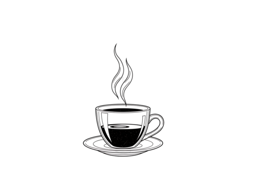 A stylized illustration of a steaming cup of coffee in a transparent glass cup.