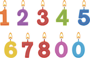 Colorful birthday number candles with flames for cake decoration, party celebration, festive design, vector illustration, and event graphics